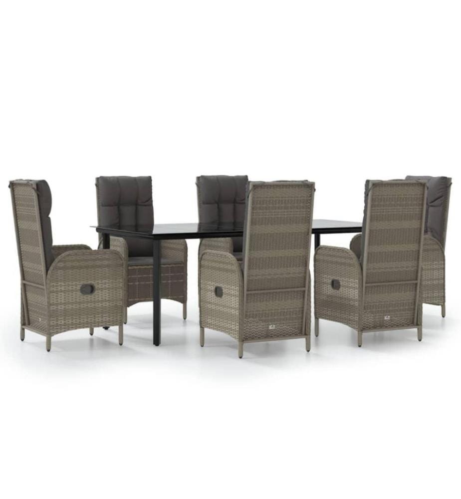 7-tlg. Garten-Essgruppe mit Kissen Schwarz und Grau Poly Rattan
