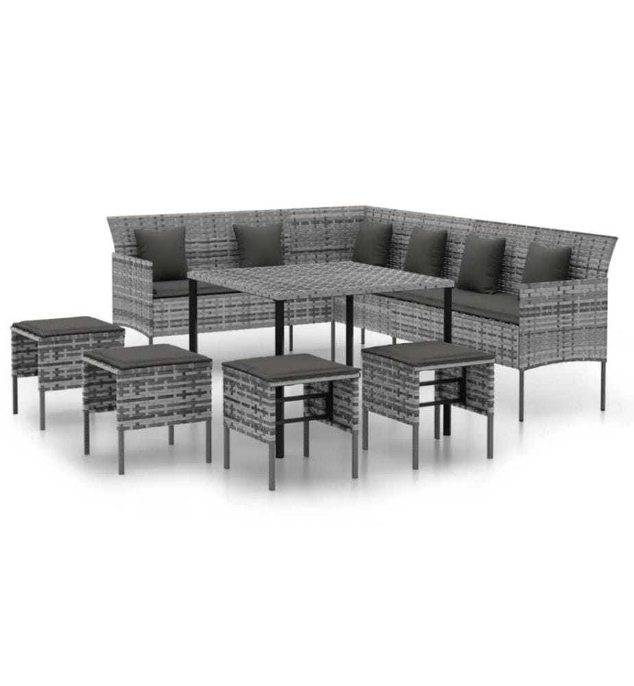 6-tlg. Garten-Essgruppe mit Kissen Grau Poly Rattan