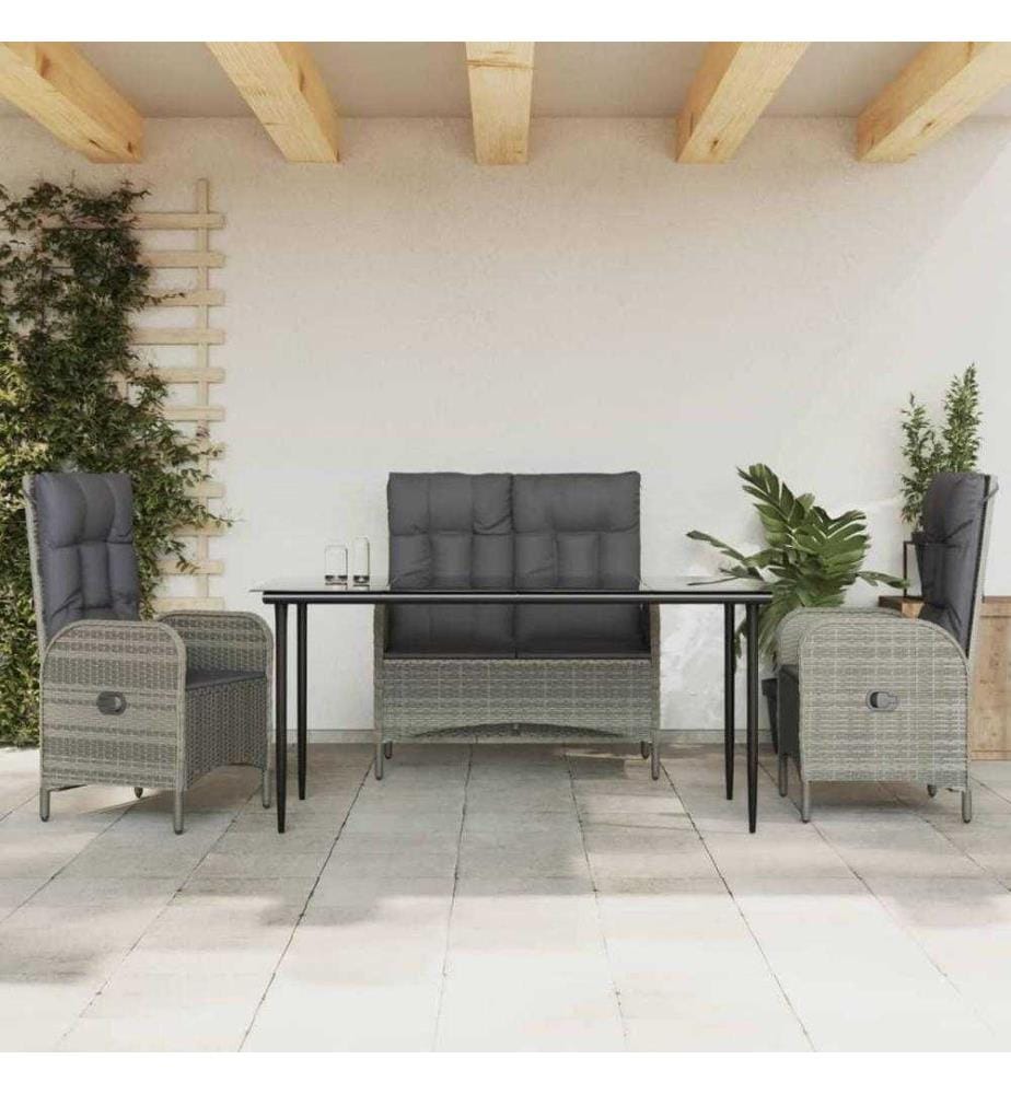 4-tlg. Garten-Essgruppe mit Kissen Grau Poly Rattan