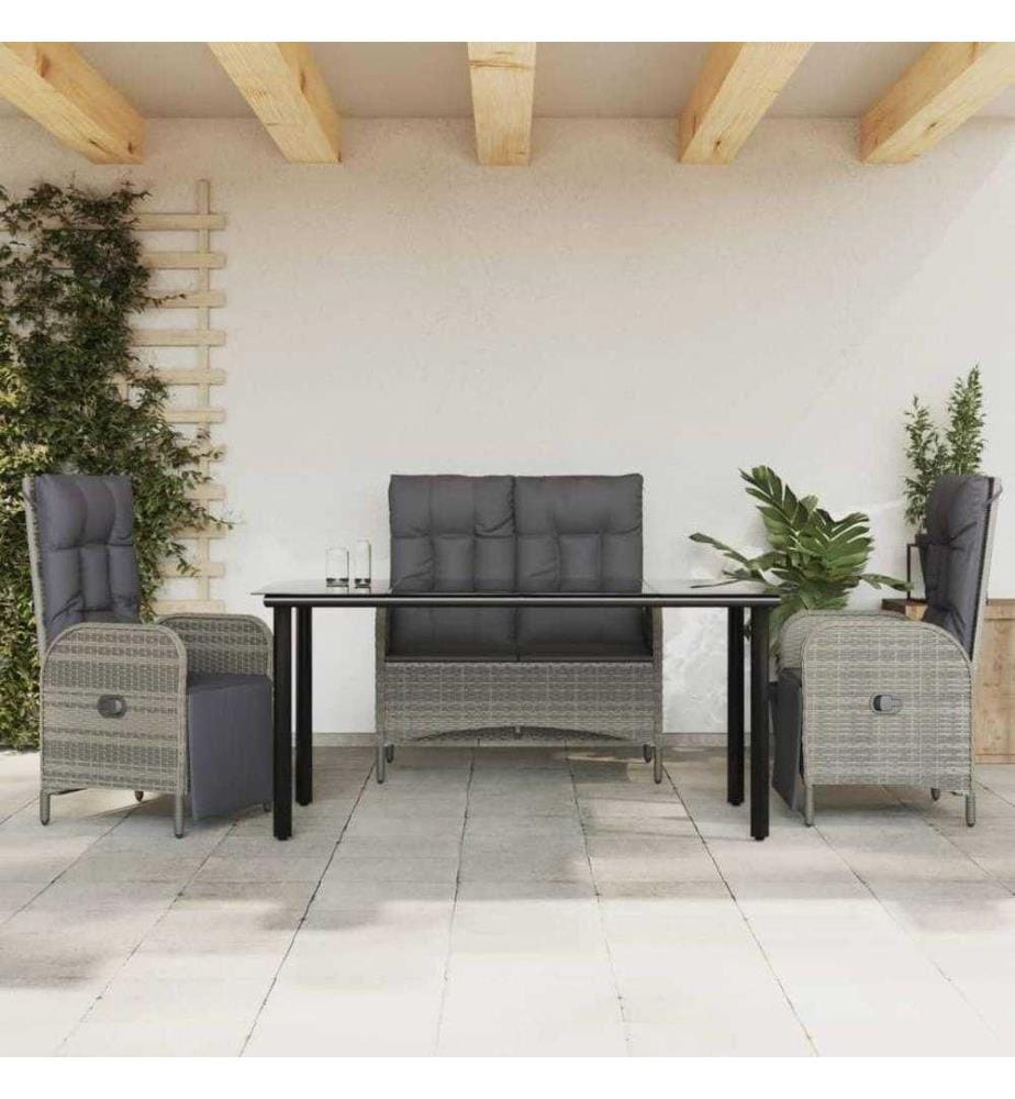 4-tlg. Garten-Essgruppe mit Kissen Grau Poly Rattan