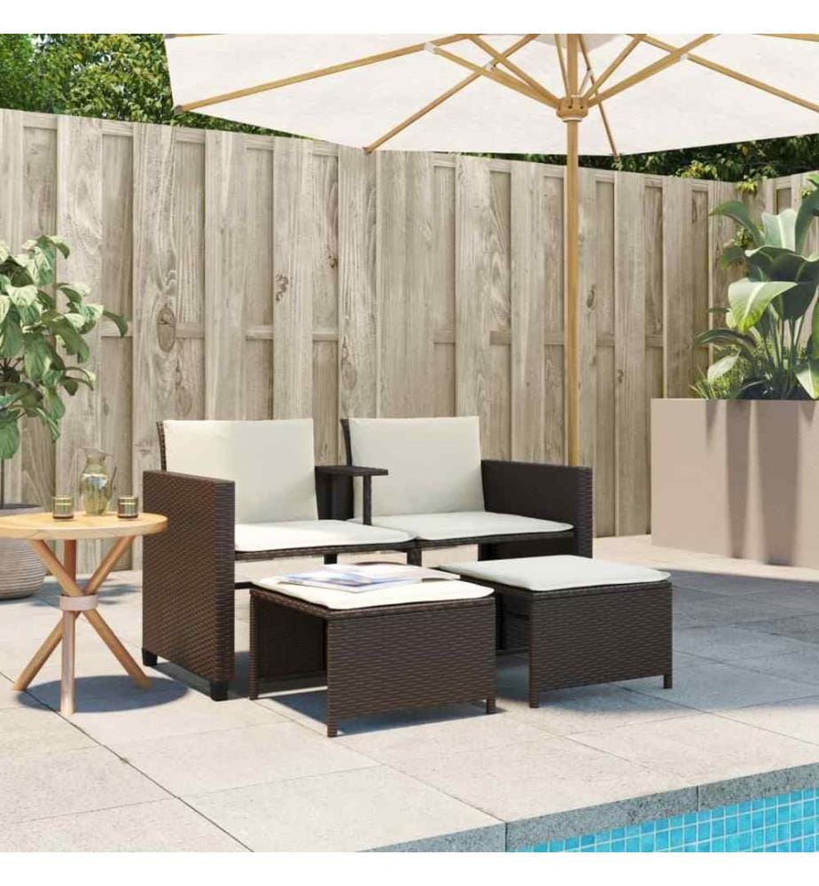 Gartensofa 2-Sitzer mit Tisch und Hockern Braun Poly Rattan