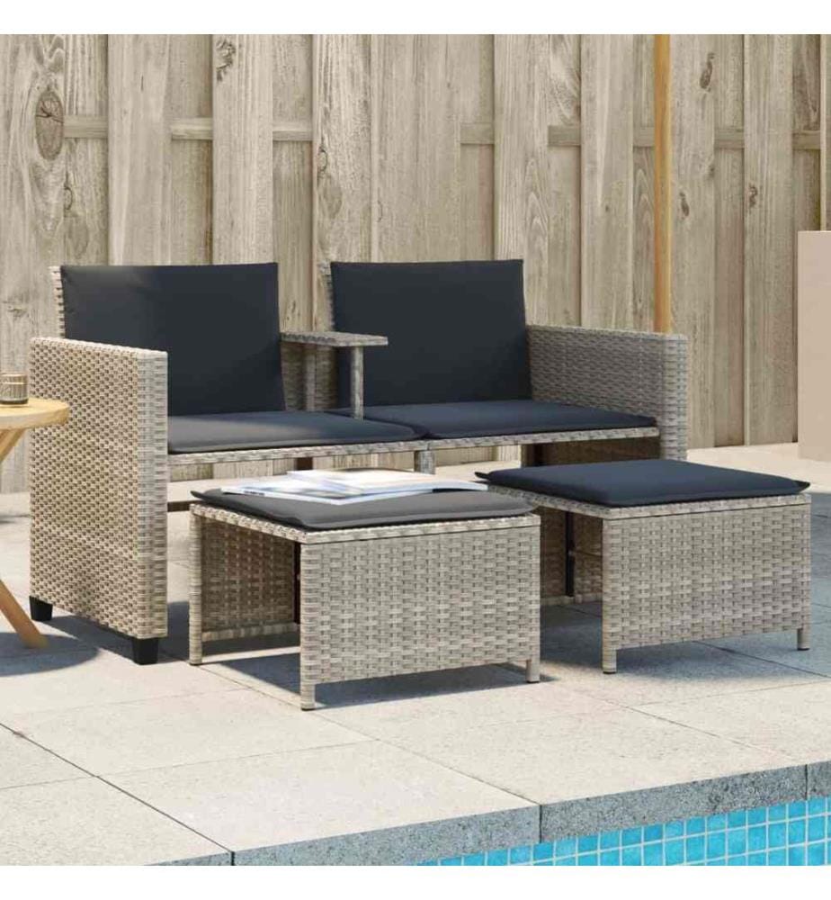 Gartensofa 2-Sitzer mit Tisch und Hockern Hellgrau Poly Rattan