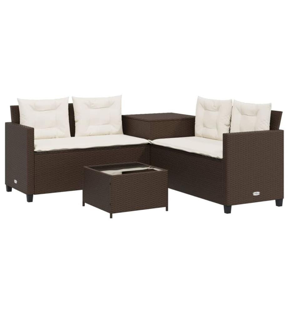 Gartensofa in L-Form mit Tisch und Kissen Braun Poly Rattan