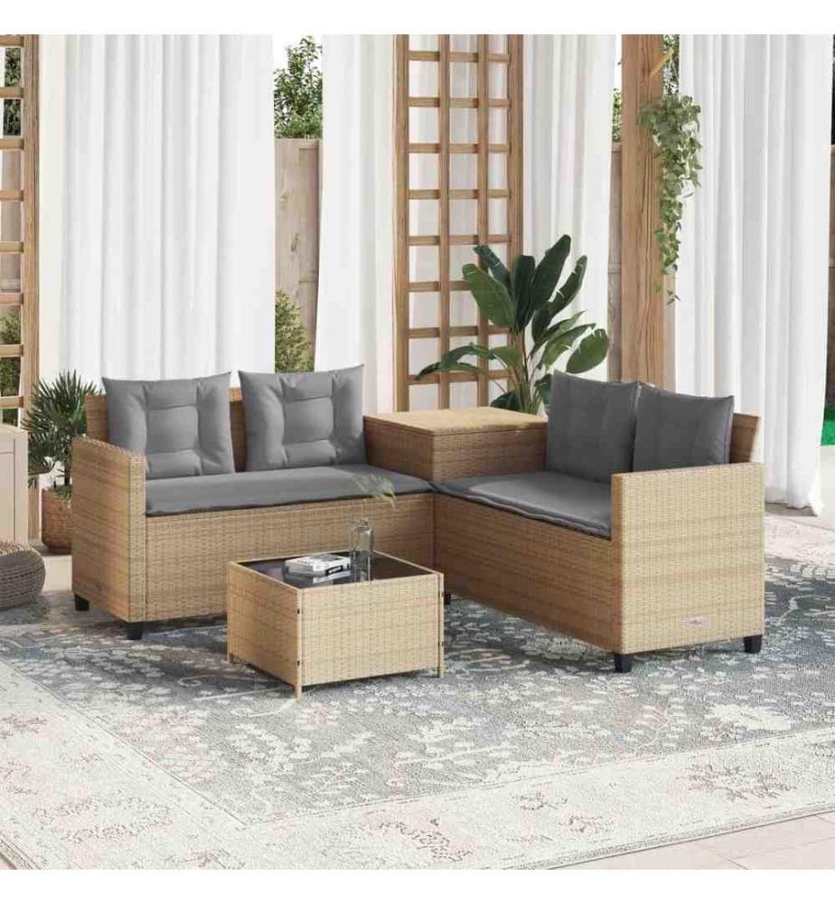 Gartensofa in L-Form mit Tisch und Kissen Beige Poly Rattan