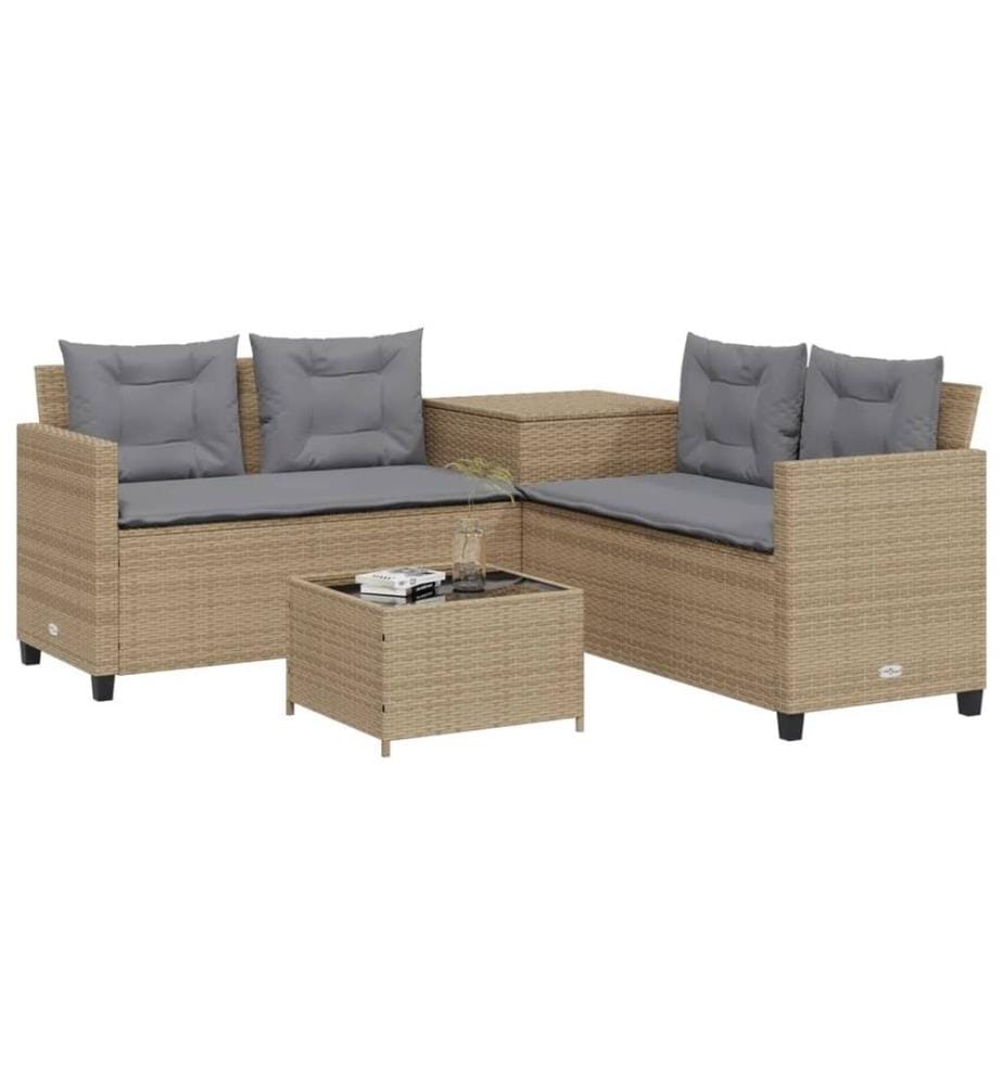 Gartensofa in L-Form mit Tisch und Kissen Beige Poly Rattan