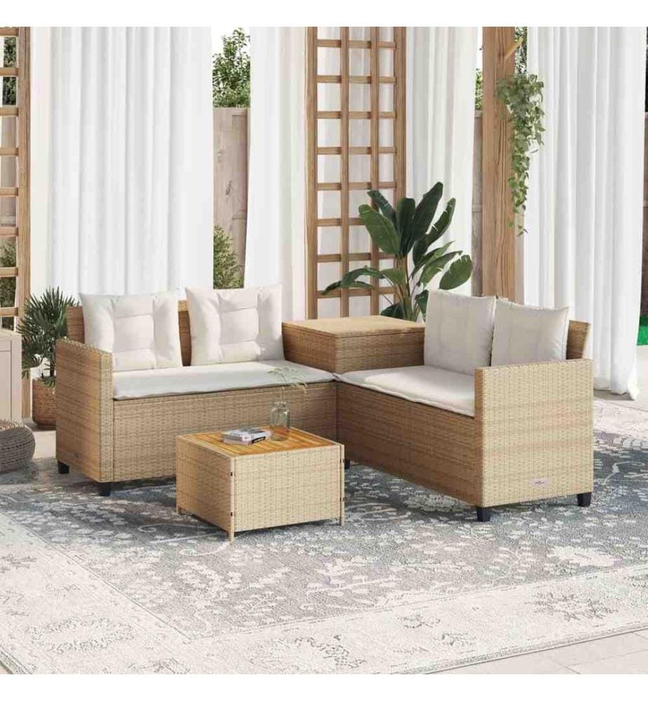 Gartensofa in L-Form mit Tisch und Kissen Beige Poly Rattan