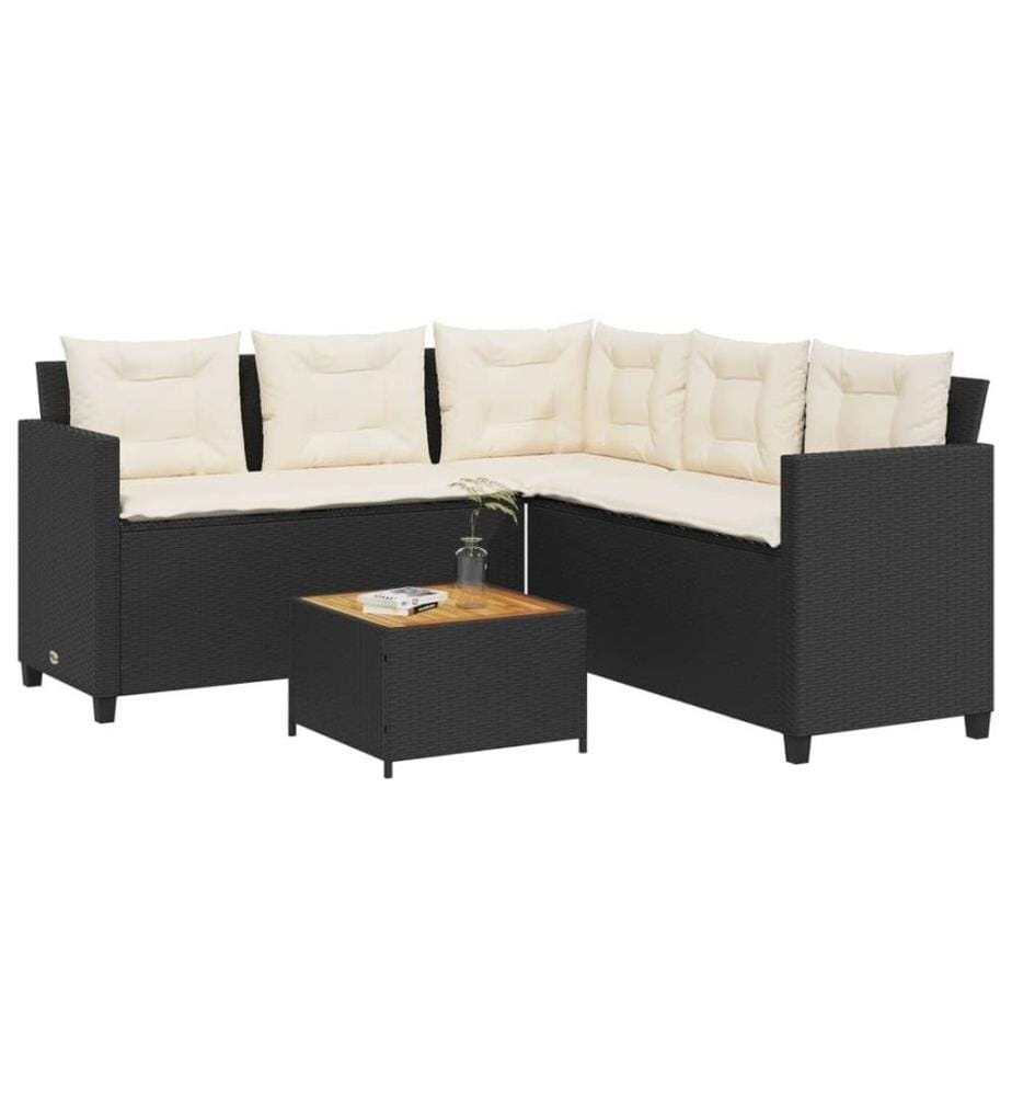 Gartensofa in L-Form mit Tisch und Kissen Schwarz Poly Rattan