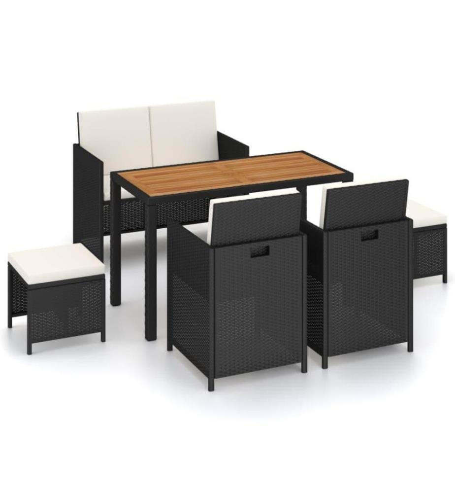 6-tlg. Garten-Essgruppe Poly Rattan Akazie Massivholz Schwarz