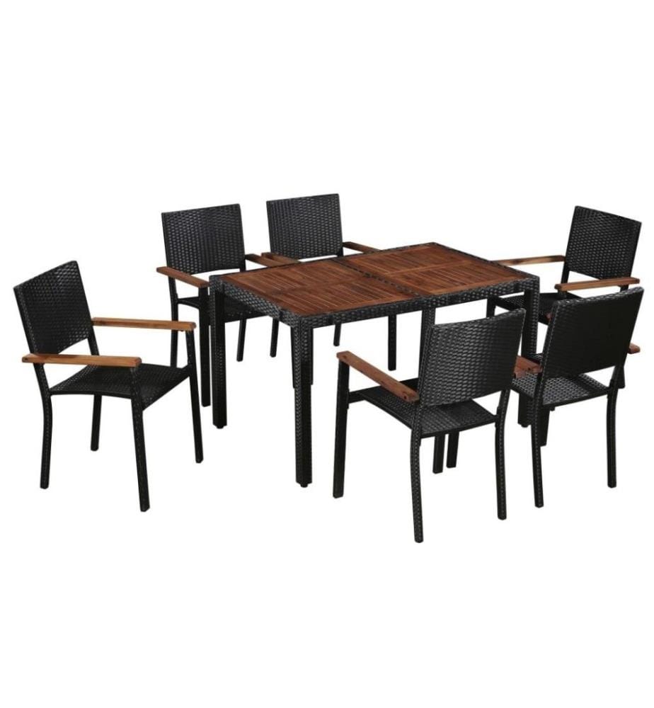7-tlg. Garten-Essgruppe Poly Rattan Akazie Massivholz Schwarz