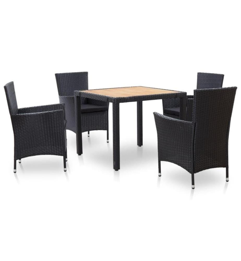 5-tlg. Garten-Essgruppe mit Auflagen Poly Rattan Schwarz