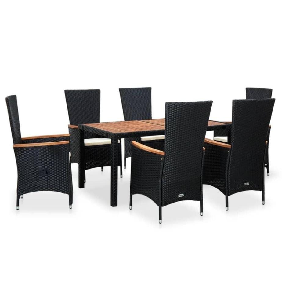 7-tlg. Garten-Essgruppe Poly Rattan Akazienholz Schwarz