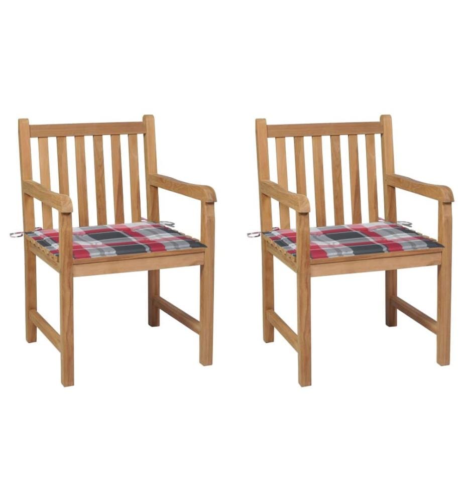 vidaXL Chaises de jardin lot de 2 avec coussins à carreaux rouges Teck