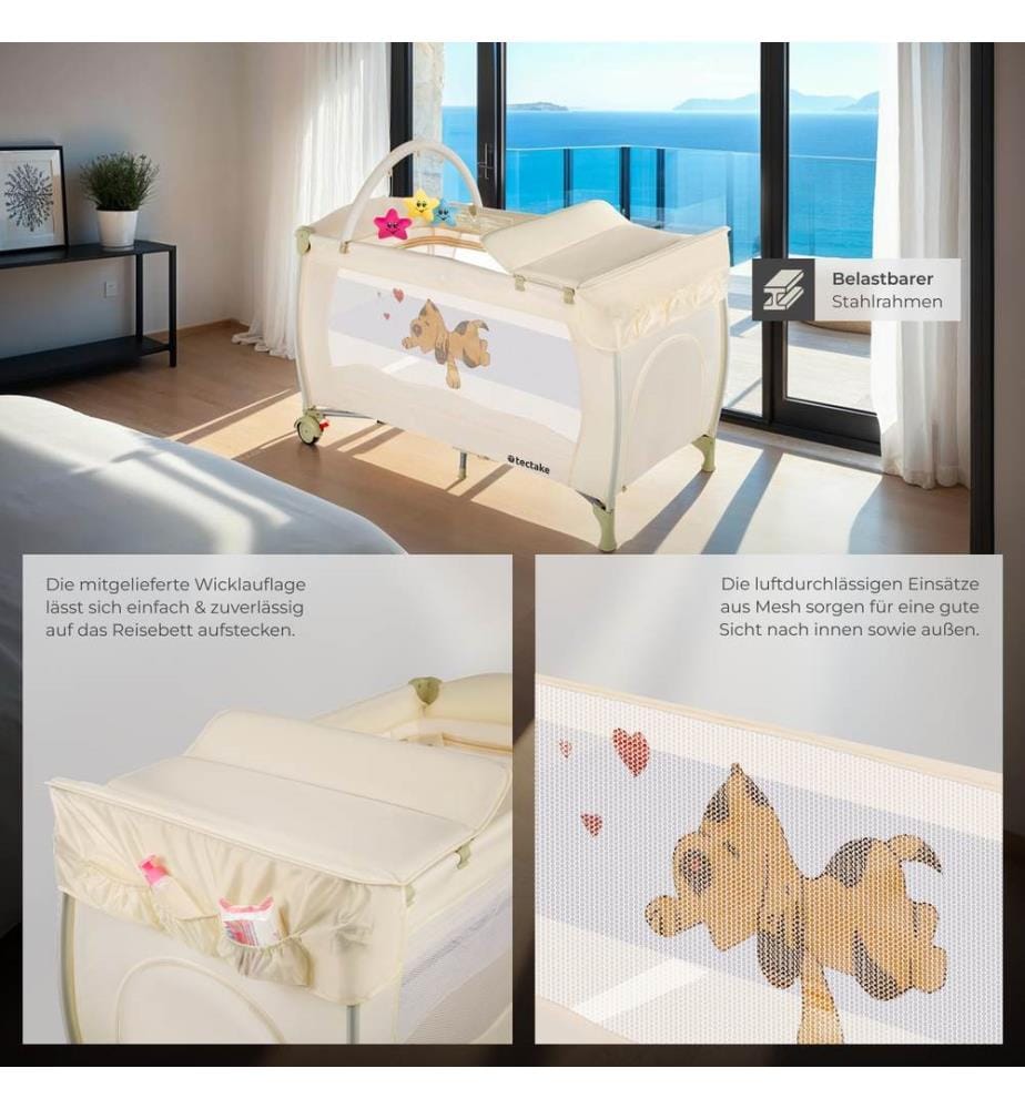 Lettino da viaggio con fasciatoio e borsa per trasporto 132 x 75 x 104 cm - beige