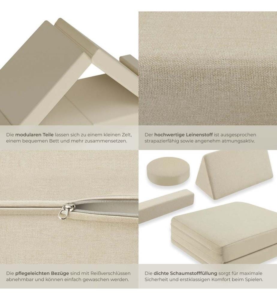 Divano da gioco Lilly, 8 pezzi, con funzione letto - 120 cm, beige