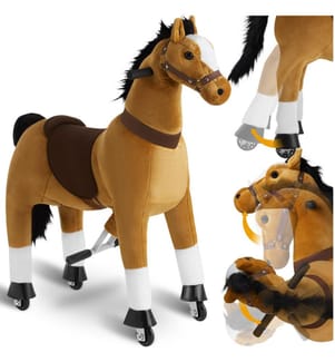 Cavallino a dondolo su rotelle, peluche, design realistico - 34 x 89 x 100 cm