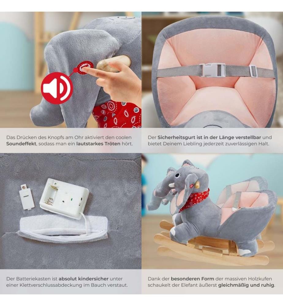 Éléphant à bascule en peluche à partir de 12 mois - gris