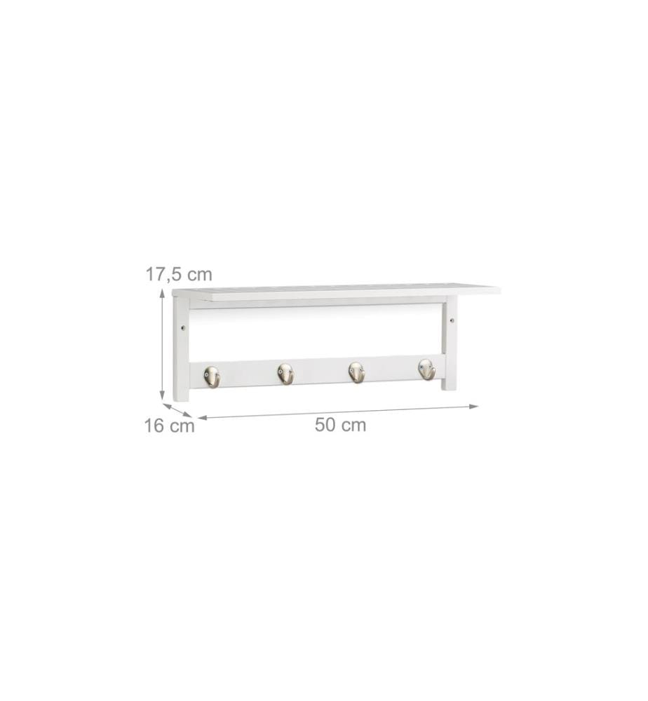 RELAXDAYS - Wandregal mit 4 Haken 50 cm x 17.5 cm, Weiss