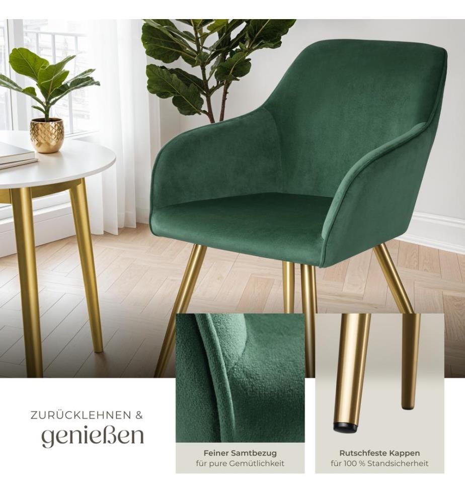 Stuhl Marilyn Samtoptik, goldene Stuhlbeine - dunkelgrüngold, 2er Set