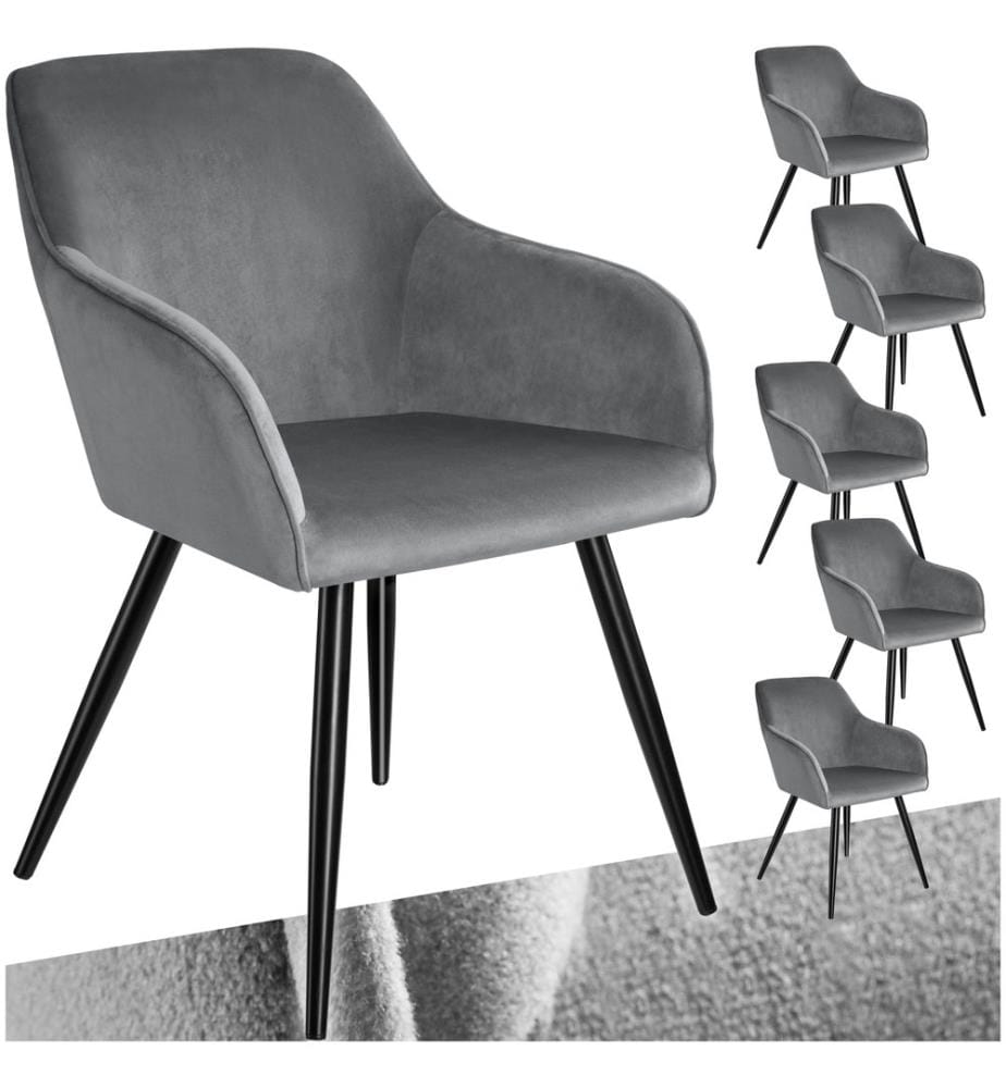 Stuhl Marilyn Samtoptik, schwarze Stuhlbeine - grauschwarz, 6er Set