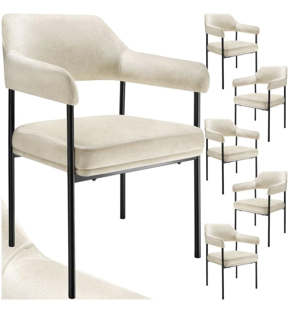 Poltrona Doé, imbottita, gambe in acciaio - effetto velluto bianco avorio, Set di 6