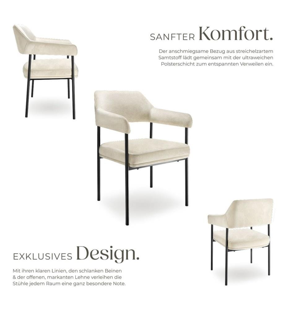 Poltrona Doé, imbottita, gambe in acciaio - effetto velluto bianco avorio, Set di 6