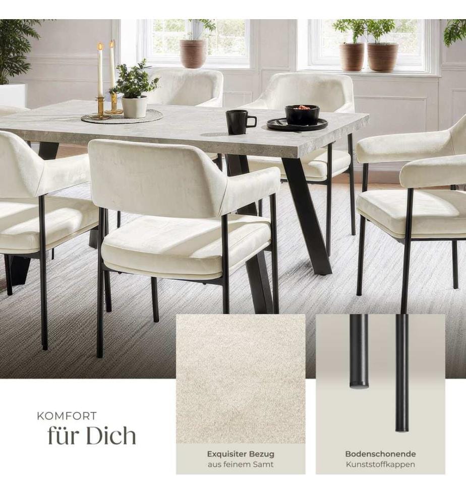 Poltrona Doé, imbottita, gambe in acciaio - effetto velluto bianco avorio, Set di 6