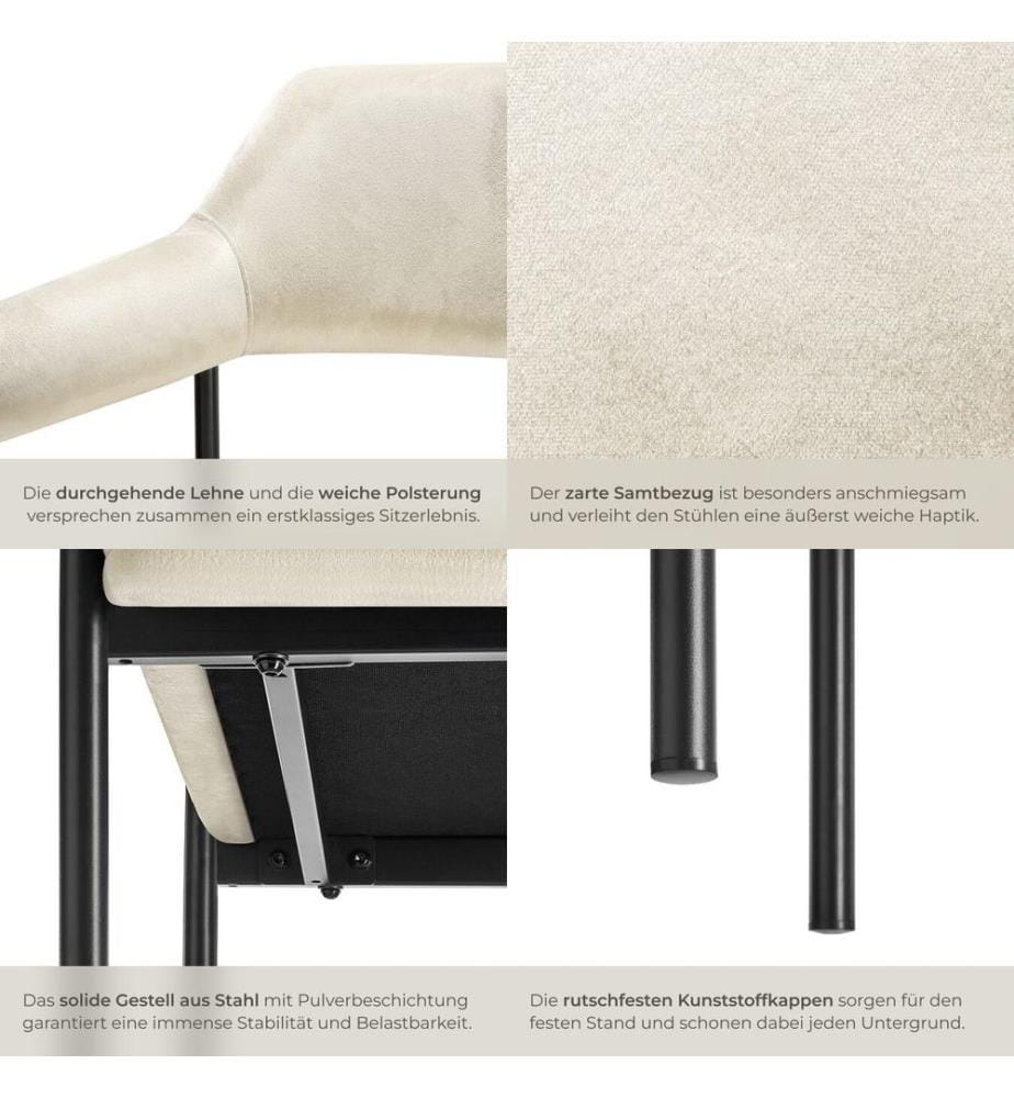 Poltrona Doé, imbottita, gambe in acciaio - effetto velluto bianco avorio, Set di 6