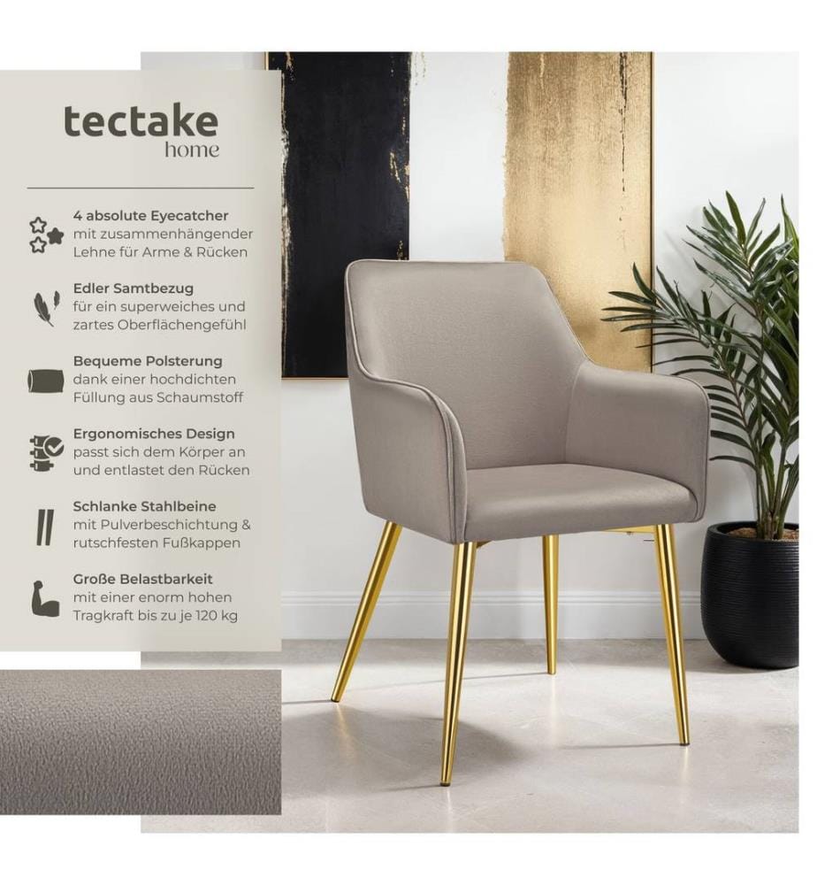 Fauteuil AVANE aspect velours, rembourré - taupe, Lot de 4