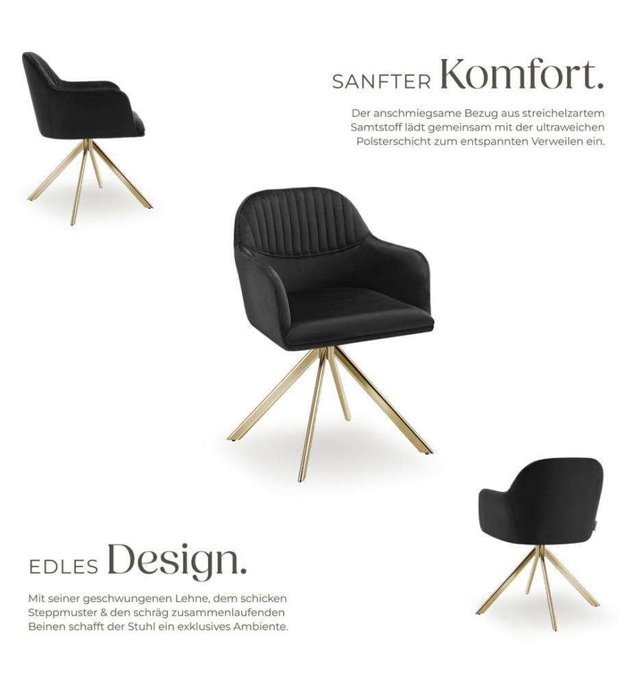 Samt-Drehstuhl Lona mit dicker Polsterung - schwarzgold, 4er Set