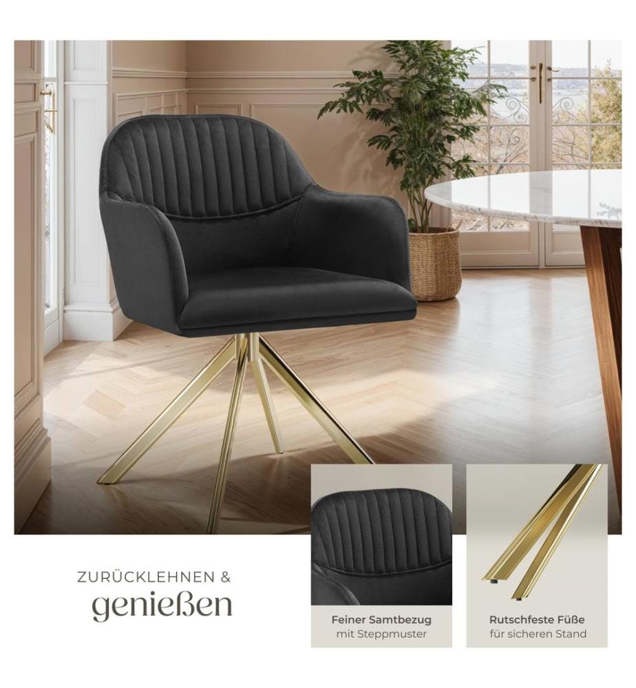 Samt-Drehstuhl Lona mit dicker Polsterung - schwarzgold, 6er Set