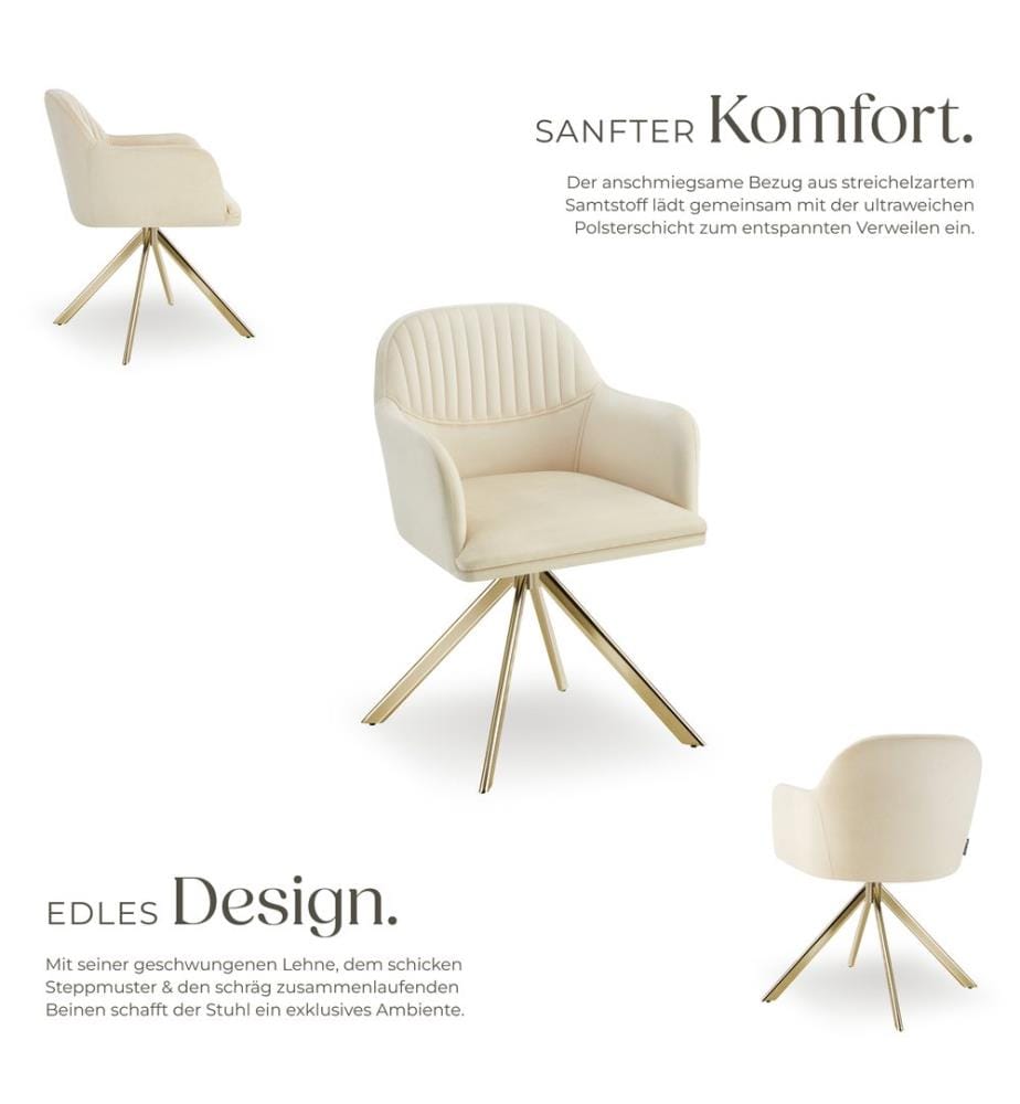 Samt-Drehstuhl Lona mit dicker Polsterung - cremegold, 4er Set
