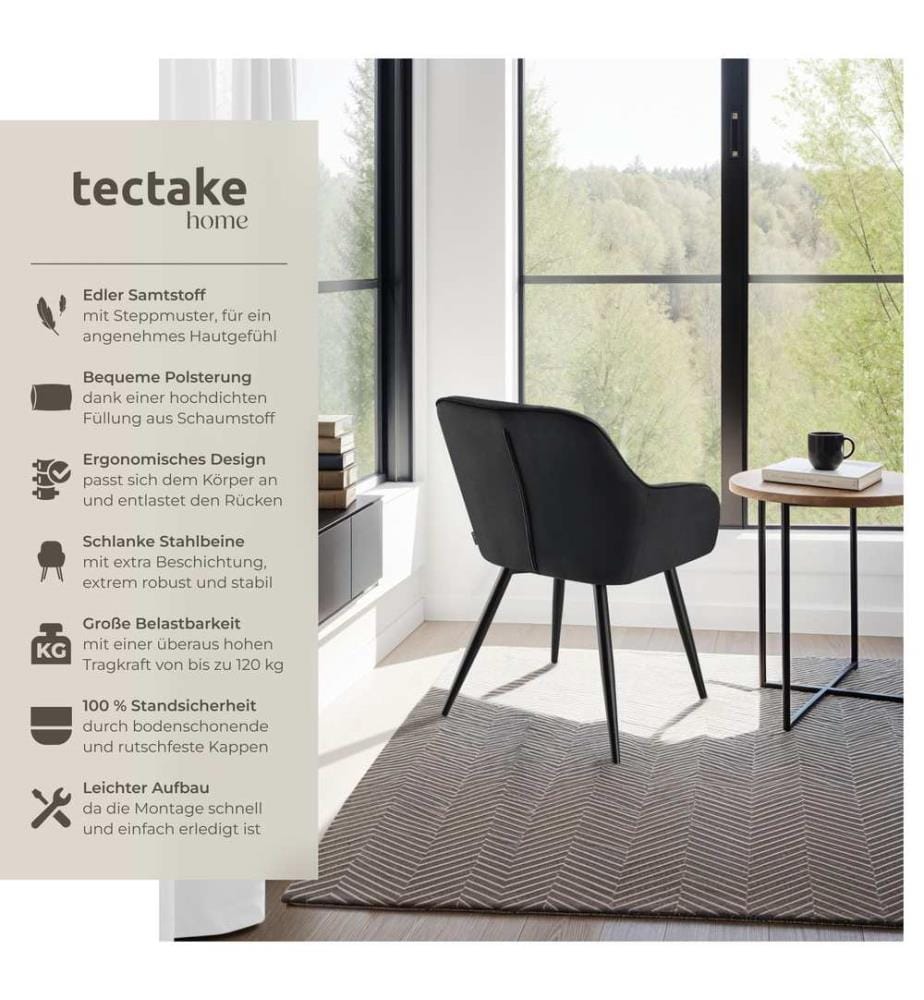 Chair Marilyn - velvet look, quilted, continuous backrest, slim steel legs - blackblack, per piece