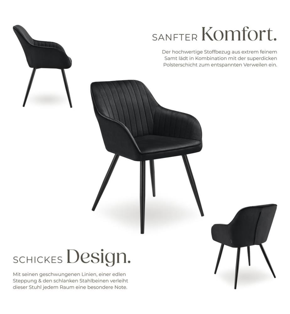 Chair Marilyn - velvet look, quilted, continuous backrest, slim steel legs - blackblack, per piece