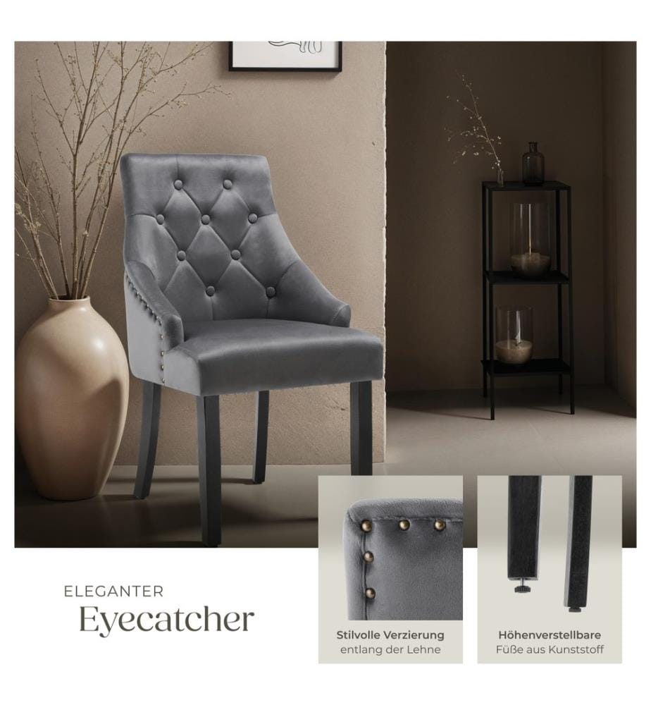 Sedia per sala da pranzo Everdeen, effetto velluto, trapuntata - grigio scuronero, Set di 6