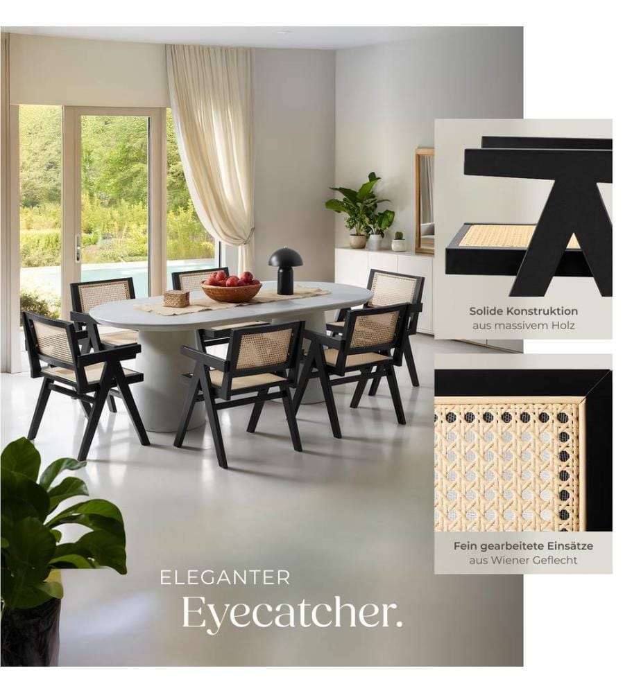 Sedia da pranzo Lissy con intreccio viennese, stile boho - nero, Set di 4