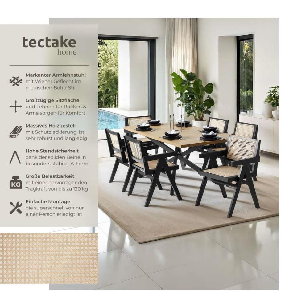 Sedia da pranzo Lissy con intreccio viennese, stile boho - nero, Set di 6