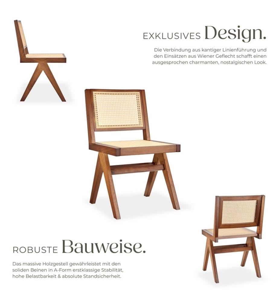 Holzstuhl Lissy mit Wiener Geflecht im Boho-Stil - Eiche dunkel, 6er Set