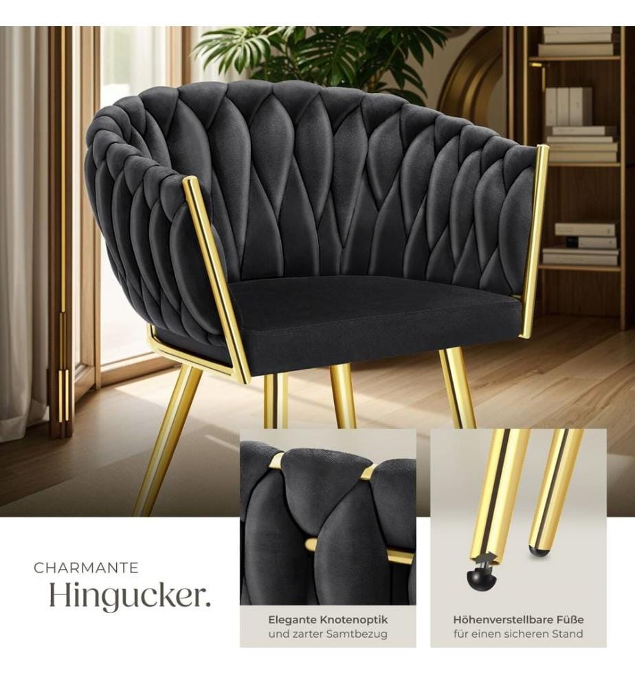 Set Esszimmerstuhl Astano Samt, Knotendesign - schwarzgold, 2er Set