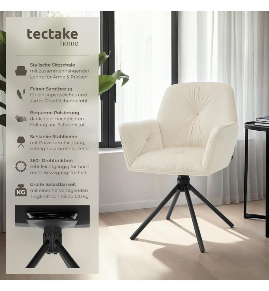 Sedia girevole con braccioli Lenia, imbottita - Velluto cremanero, Set di 2