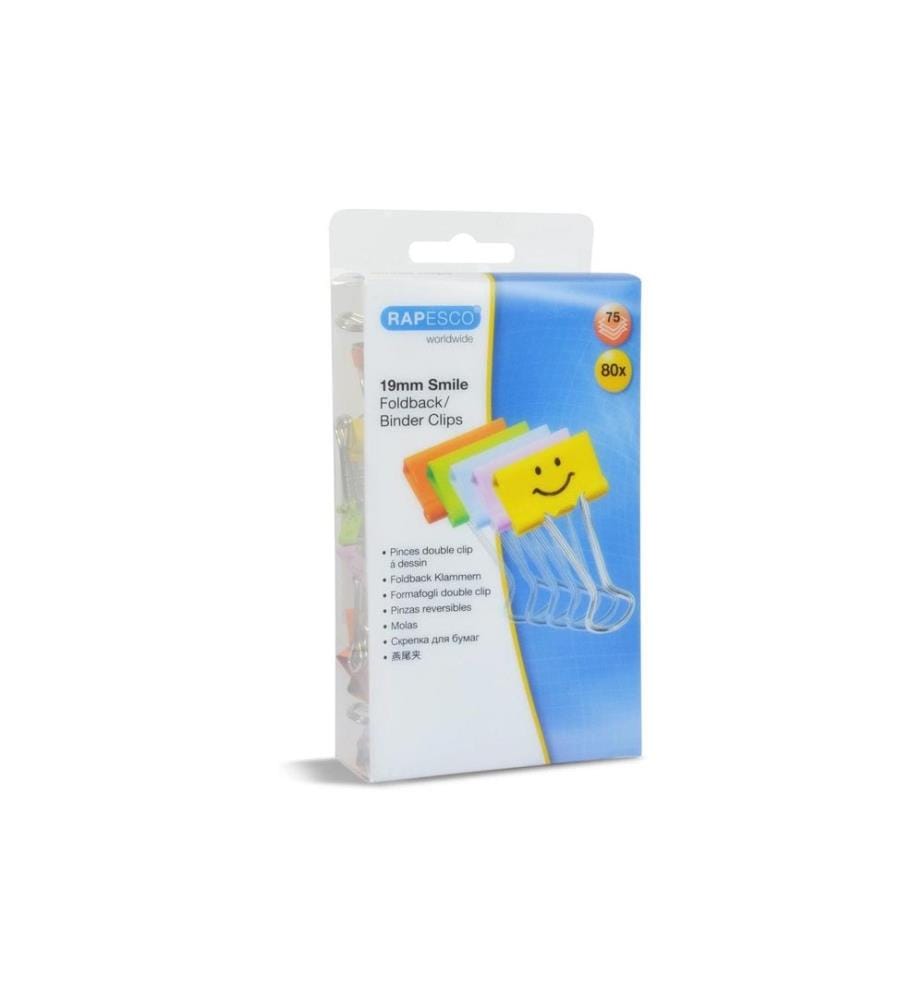 Rapesco Pinces métalliques Smiley foldback, couleurs assorties, 80 pièces