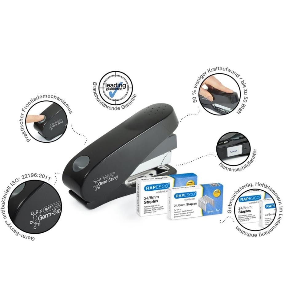 Rapesco Agrafeuse Germ-Savvy Eco Luna 50 feuilles, Noir