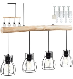 Lampadario Woody, 4 fiamme, con trave in legno, 40 W - neromarrone
