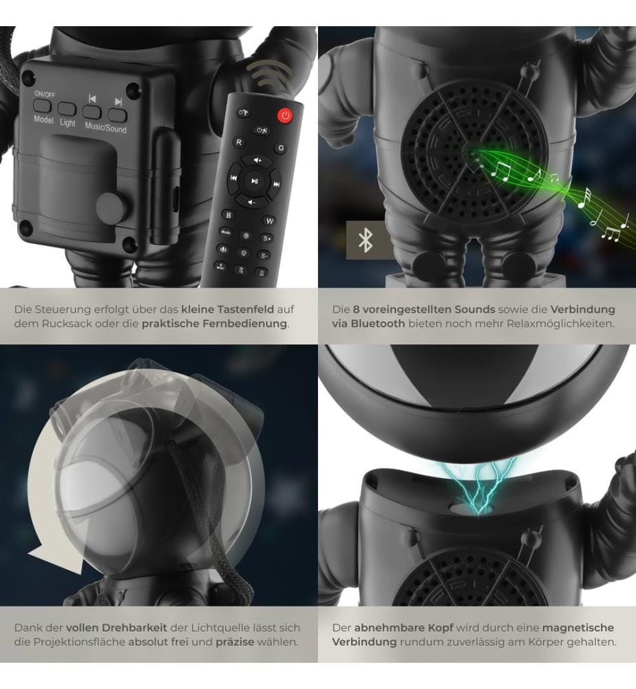 LED Starry Sky Projector Astronaut - with Bluetooth and remote control - black