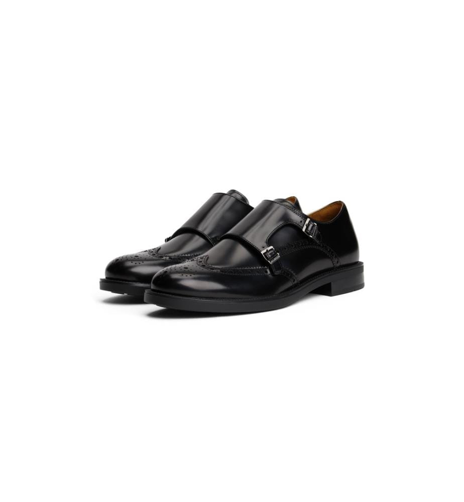 Lederschuhe mit Brogue-Muster und Spange - Schwarz