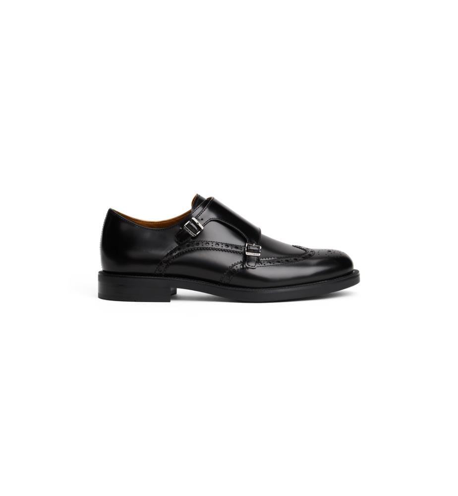 Lederschuhe mit Brogue-Muster und Spange - Schwarz