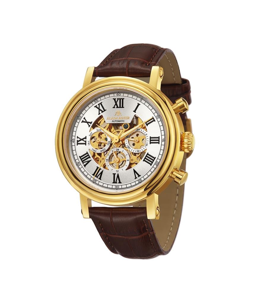 Automatische Skelett-Uhr aus Leder - Braun