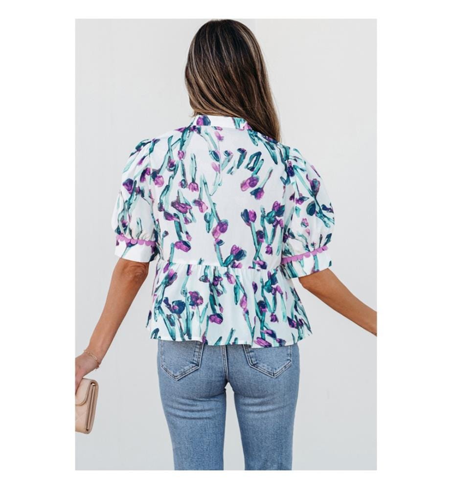 Top Peplum a mezza manica con rifiniture floreali viola - Viola