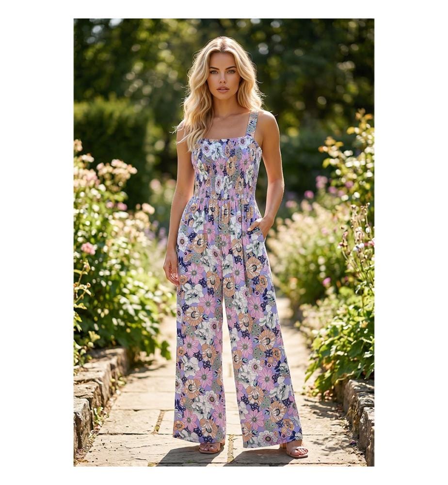 Combinaison Taille Haute à Imprimé Floral Violet - Pourpre