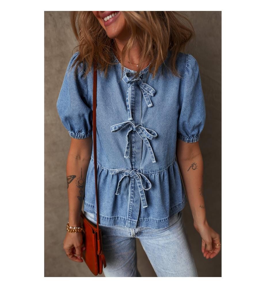 Peplum-Jeanshemd mit vorne geknoteten Puffärmeln - Dämmerungsblau