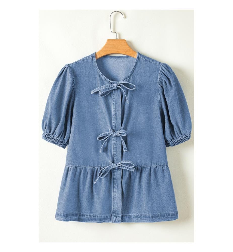 Peplum-Jeanshemd mit vorne geknoteten Puffärmeln - Dämmerungsblau